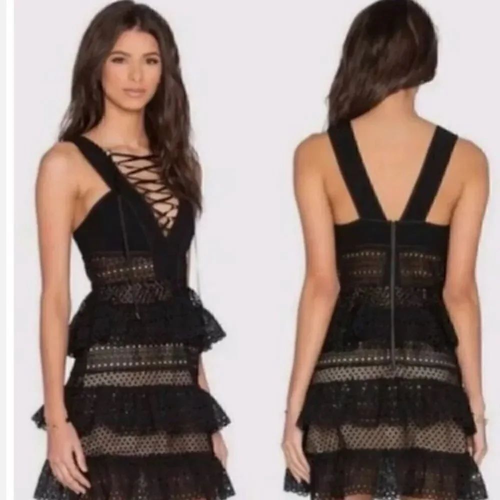 New Self-Portrait Lace Up Plunging V Ruffle Mini Dress Black Size 4
